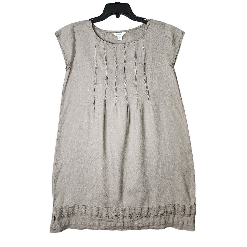 Sundance XS Womens 100% Linen Taupe  Pintuck Pleated A Line Shift Dress Boho